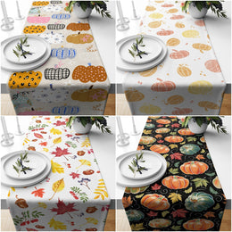 Fall Trend Table Runner|Floral Pumpkin Tablecloth|Pumpkin and Leaf Drawing Table Decor|Farmhouse Style Tabletop|Halloween Autumn Home Decor