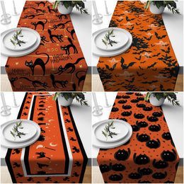 Halloween Table Runner|Orange Black Happy Halloween Print Tablecloth|Black Cat, Bat and Ghost Table Decor|Housewarming Fall Trend Home Decor