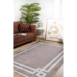 Machine-Washable Rug|Art Deco Modern Non-Slip Carpet|Bordered Beige Color Washable Carpet|Decorative Area Rug|Multi-Purpose Anti-Slip Rug