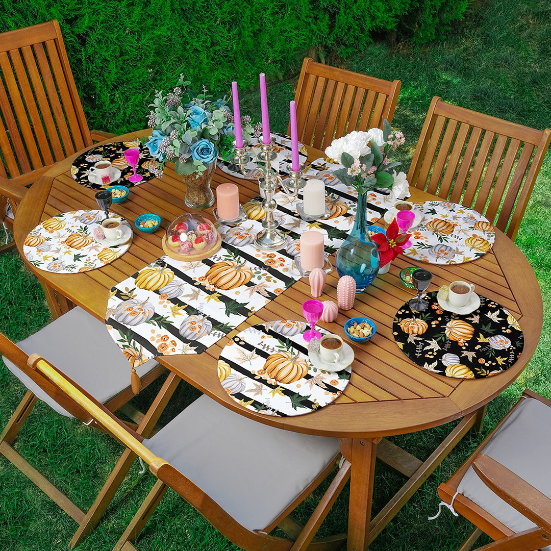 Fall Runner & Placemat Set|Fall Trend Table Decor|Set of 6 Supla Table Mat|Striped Pumpkin Autumn Tablecloth and American Service Underplate