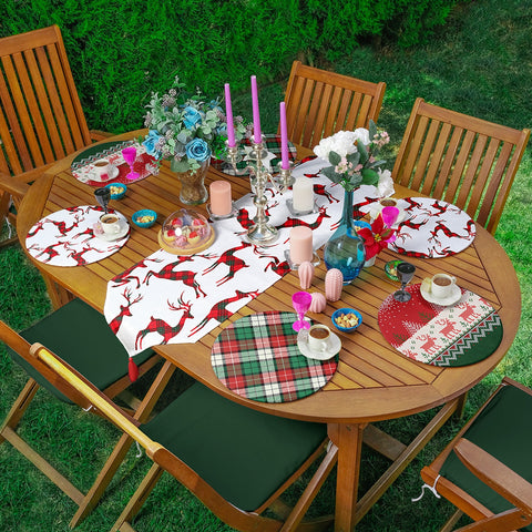 Christmas Runner & Placemat Set|Winter Trend Table Decor|Set of 6 Supla Table Mat|Plaid Xmas Deer Tablecloth American Service Underplate