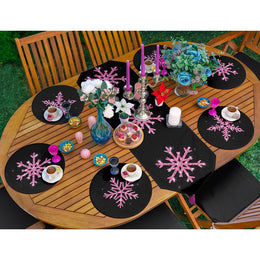 Winter Trend Runner & Placemat Set|Xmas Table Decor|Set of 6 Supla Table Mat|Pink Snowflake Tablecloth and American Service Underplate