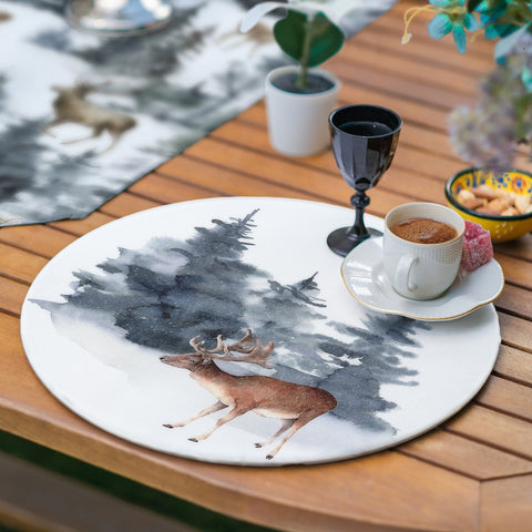 Winter Trend Runner & Placemat Set|Snow Table Decor|Set of 6 Supla Table Mat|Farmhouse Pine Tree Deer Tablecloth American Service Underplate