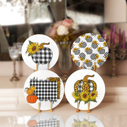 Fall Trend Placemat|Set of 4 Autumn Supla Table Mat|Farmhouse Checkered Pumpkin Round Dining Underplate|Housewarming Sunflower Coaster Set