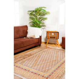 Ethnic Design Rug|Machine-Washable Carpet|Beige Color Turkish Kilim Pattern Non-Slip Rug|Traditional Style Multi-Purpose Anti-Slip Carpet