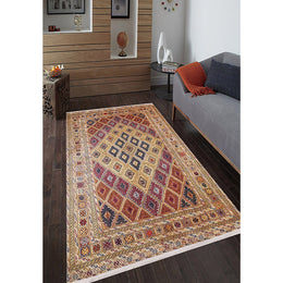 Ethnic Design Rug|Machine-Washable Carpet|Beige Color Turkish Kilim Pattern Non-Slip Rug|Farmhouse Style Multi-Purpose Anti-Slip Carpet