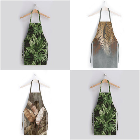 Leaf Print Kitchen Apron|Tropical Leaves Smock with Adjustable Neck and Waist Strap|Green Gold Leaves Kitchen Pinafore Gift For Him or Her