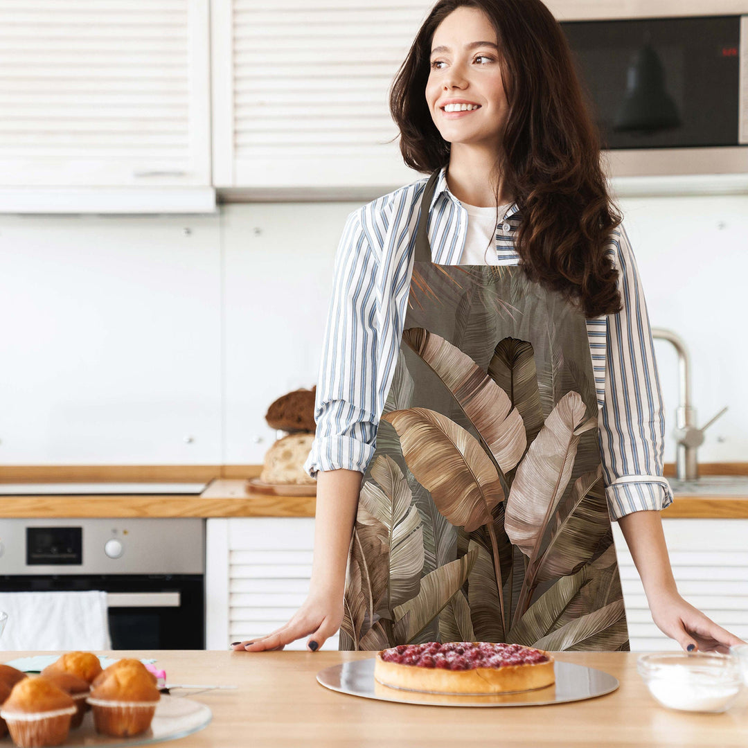 Leaf Print Kitchen Apron|Tropical Leaves Smock with Adjustable Neck and Waist Strap|Green Gold Leaves Kitchen Pinafore Gift For Him or Her