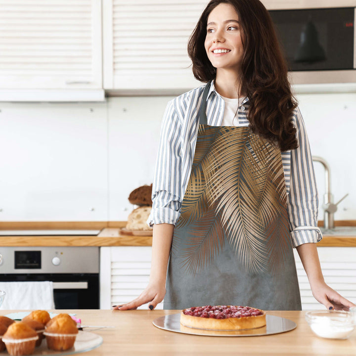 Leaf Print Kitchen Apron|Tropical Leaves Smock with Adjustable Neck and Waist Strap|Green Gold Leaves Kitchen Pinafore Gift For Him or Her