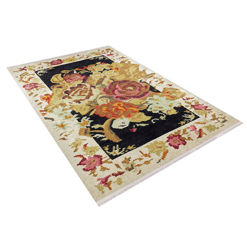 Floral Karabagh Rug|Machine-Washable Non-Slip Rug|Pink Rose Farmhouse Washable Carpet|Decorative Area Rug|Multi-Purpose Anti-Slip Rug