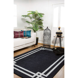 Geometric Rug|Gray Bordered Black Rug|Modern Non-Slip Carpet|Farmhouse Style Washable Carpet|Decorative Area Rug|Multi-Purpose Anti-Slip Rug