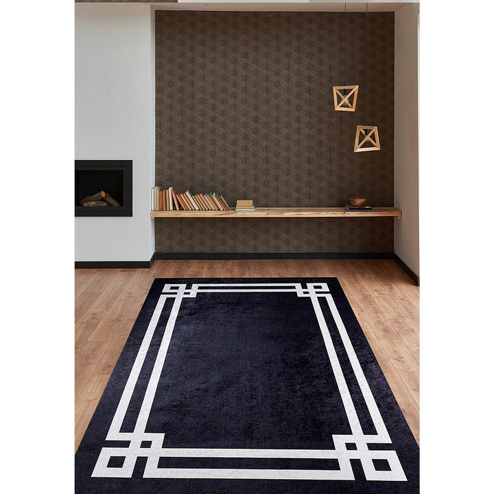 Geometric Rug|Gray Bordered Black Rug|Modern Non-Slip Carpet|Farmhouse Style Washable Carpet|Decorative Area Rug|Multi-Purpose Anti-Slip Rug
