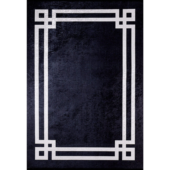 Geometric Rug|Gray Bordered Black Rug|Modern Non-Slip Carpet|Farmhouse Style Washable Carpet|Decorative Area Rug|Multi-Purpose Anti-Slip Rug