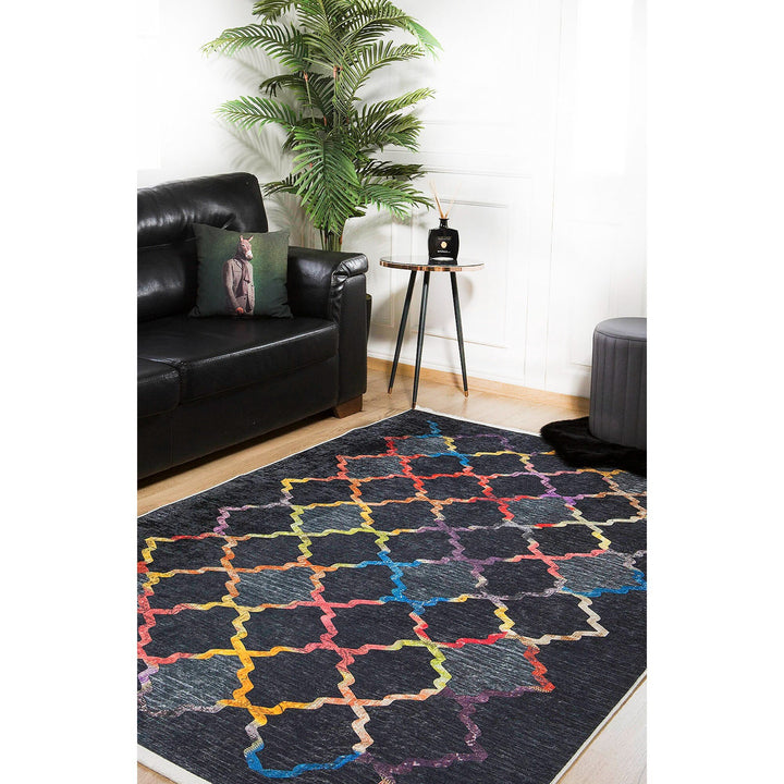 Ogea Pattern Rug|Machine-Washable Rug|Black and Rainbow Carpet|Decorative Washable Carpet|Geometric Area Rug|Multi-Purpose Anti-Slip Rug