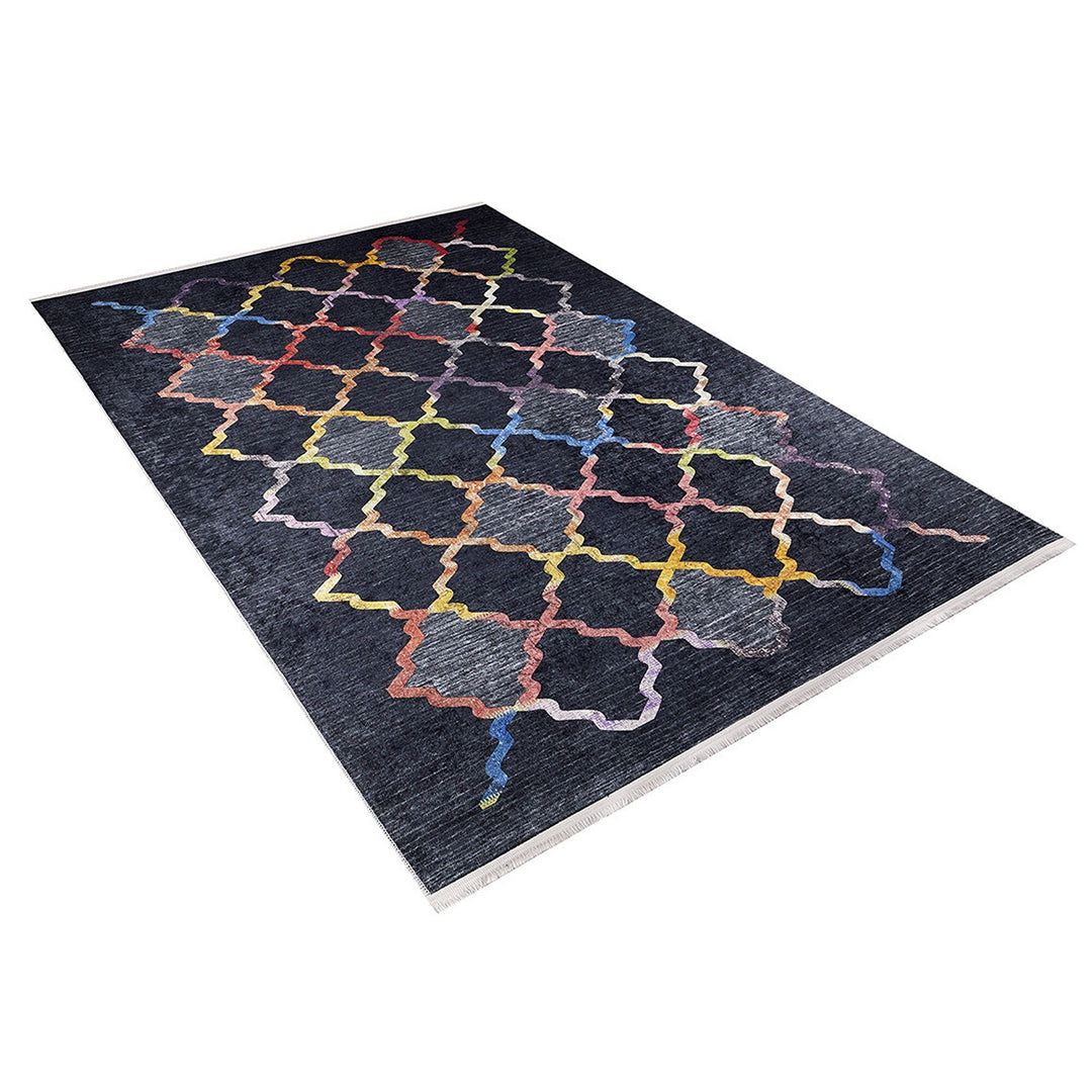 Ogea Pattern Rug|Machine-Washable Rug|Black and Rainbow Carpet|Decorative Washable Carpet|Geometric Area Rug|Multi-Purpose Anti-Slip Rug
