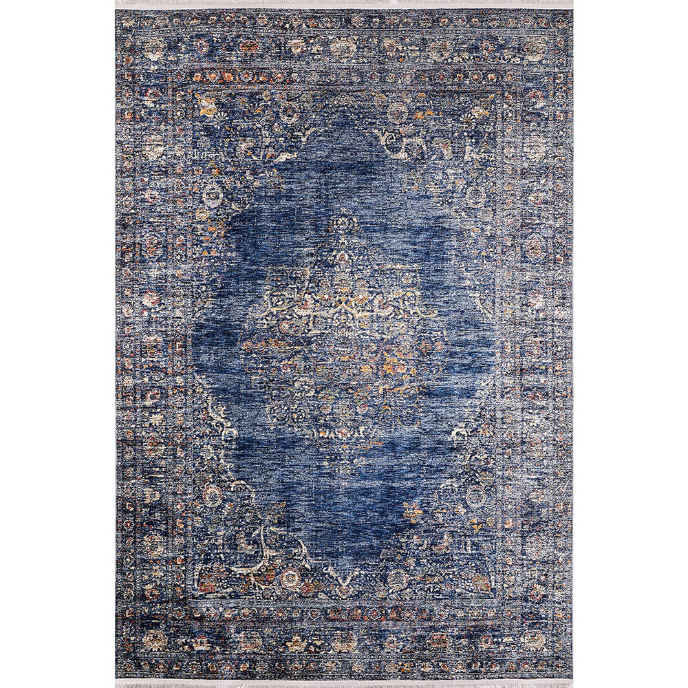 Vintage Style Rug|Machine-Washable Non-Slip Rug|Ethnic Oriental Design Washable Carpet|Blue Gray Worn Looking Multi-Purpose Anti-Slip Carpet