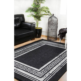 Greek Key Rug|Machine-Washable Rug|Gray Bordered Black Non-Slip Carpet|Washable Floor Carpet|Decorative Area Rug|Multi-Purpose Anti-Slip Rug