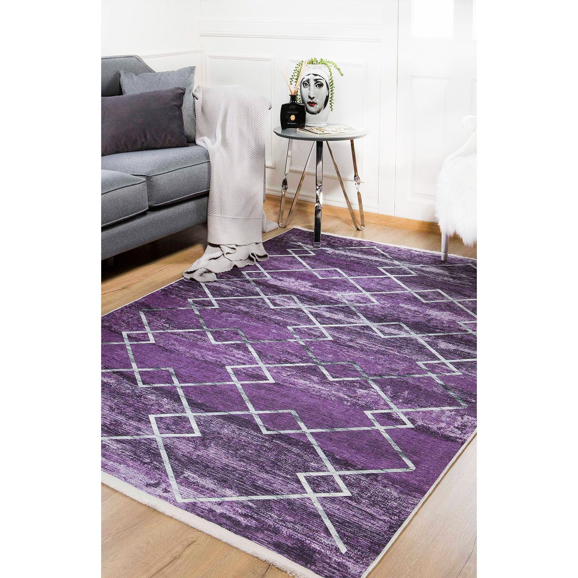 Diamond Pattern Purple Gray Abstract Washable Rug – Akasia