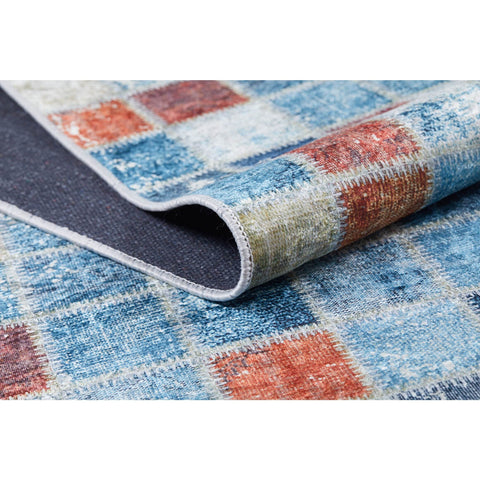 Patchwork Style Rug|Machine-Washable Non-Slip Rug|Blue Plaid Farmhouse Washable Carpet|Decorative Area Rug|Multi-Purpose Anti-Slip Carpet