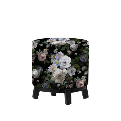 Floral Round Pouf|Pouf Chair with Wooden Frame and Legs|Decorative Floral Footstool|Suede Circle Seat with Flower Print|Ottoman Chair Stool