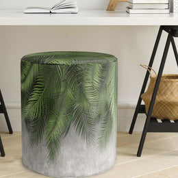 Green Plant Round Pouf|Wooden Frame Pouf Chair|Tropical Footstool|Suede Circle Seat with Leaves|Ottoman Chair Stool|Cozy Living Room Decor