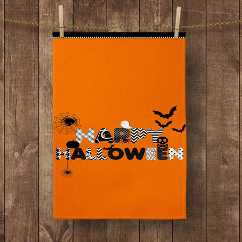 Halloween Kitchen Towel|Ghost Print Dish Towel|Bat and Happy Halloween Hand Towel|Decorative Tea Towel|Autumn Trend Orange Black Hand Towel