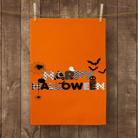 Halloween Kitchen Towel|Ghost Print Dish Towel|Bat and Happy Halloween Hand Towel|Decorative Tea Towel|Autumn Trend Orange Black Hand Towel