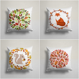 Fall Pillow Cover|Orange Green Leaf Drawing Throw Pillowtop|Fox Cushion Case|Squirrel and Acorn Autumn Home Decor|Farmhouse Cushion Cover