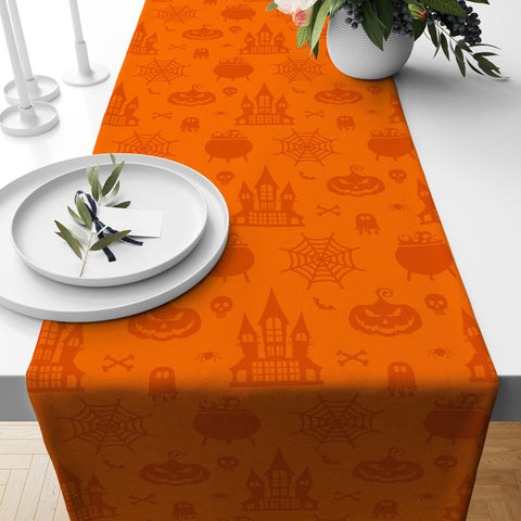 Halloween Table Runner|Orange Halloween Tablecloth|Black Cat, Ghost and Haunted House Table Decor|Farmhouse Style Fall Trend Home Decor