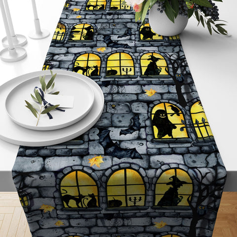 Halloween Table Runner|Orange Halloween Tablecloth|Black Cat, Ghost and Haunted House Table Decor|Farmhouse Style Fall Trend Home Decor
