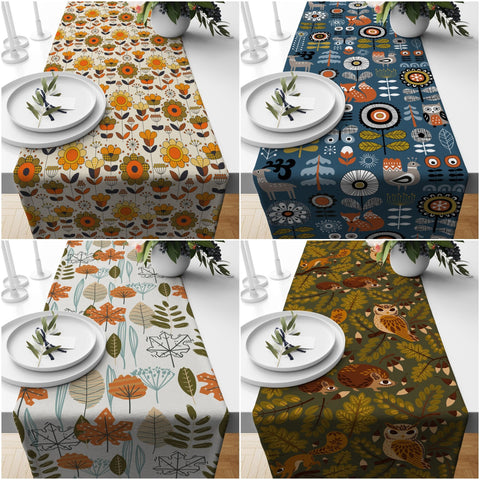 Fall Trend Table Runner|Flower Drawing Tablecloth|Leaf and Flower Print Table Decor|Farmhouse Style Tabletop|Housewarming Fall Home Decor