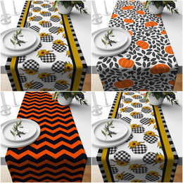 Fall Trend Table Runner|Checkered Pumpkin Tablecloth|Pumpkin and Sunflower Table Decor|Farmhouse Style Tabletop|Housewarming Fall Home Decor