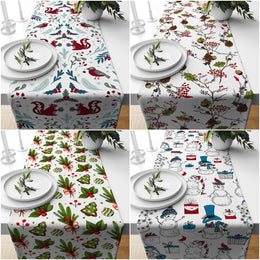 Christmas Table Runner|Winter Trend Tablecloth|Snowman and Red Berries Home Decor|Bird and Squirrel Print Runner|Farmhouse Xmas Tabletop