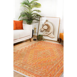 Ethnic Design Rug|Machine-Washable Carpet|Orange Color Turkish Kilim Pattern Non-Slip Rug|Farmhouse Style Multi-Purpose Anti-Slip Carpet