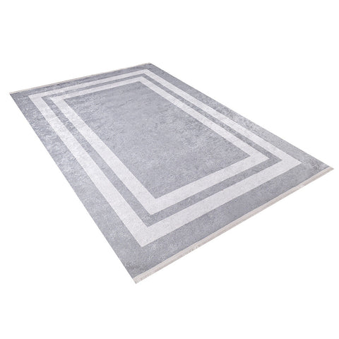Geometric Rug|Machine-Washable Off White Bordered Non-Slip Rug|Gray Color Washable Carpet|Decorative Area Rug|Multi-Purpose Anti-Slip Carpet