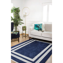 Geometric Rug|Machine-Washable Gray Bordered Non-Slip Rug|Navy Blue Color Washable Carpet|Decorative Area Rug|Multi-Purpose Anti-Slip Carpet