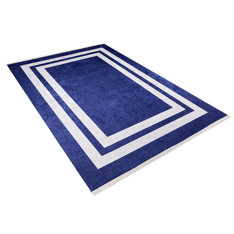 Geometric Rug|Machine-Washable Gray Bordered Non-Slip Rug|Navy Blue Color Washable Carpet|Decorative Area Rug|Multi-Purpose Anti-Slip Carpet