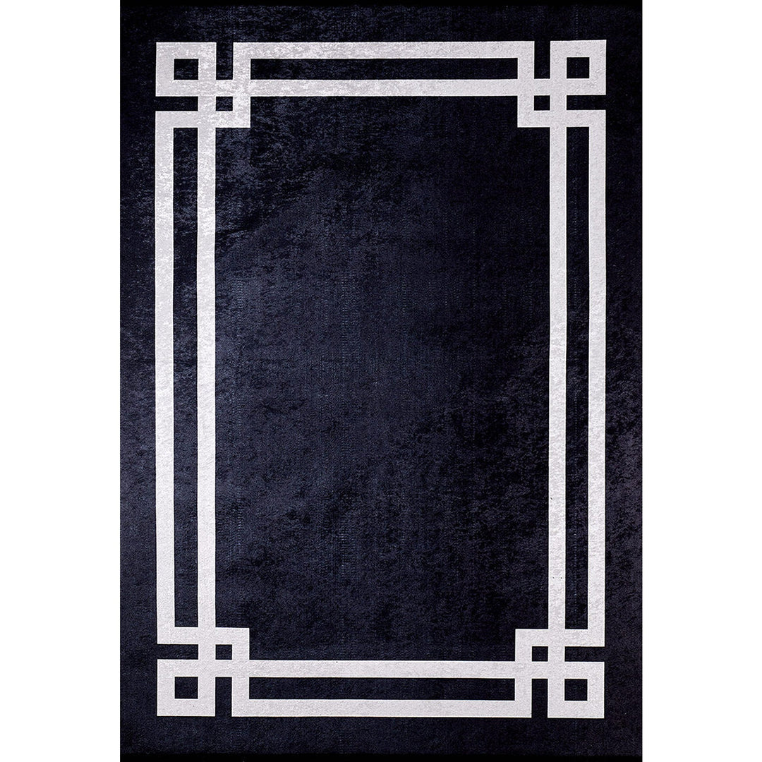 Geometric Rug|Gray Bordered Black Rug|Modern Non-Slip Carpet|Farmhouse Style Washable Carpet|Decorative Area Rug|Multi-Purpose Anti-Slip Rug