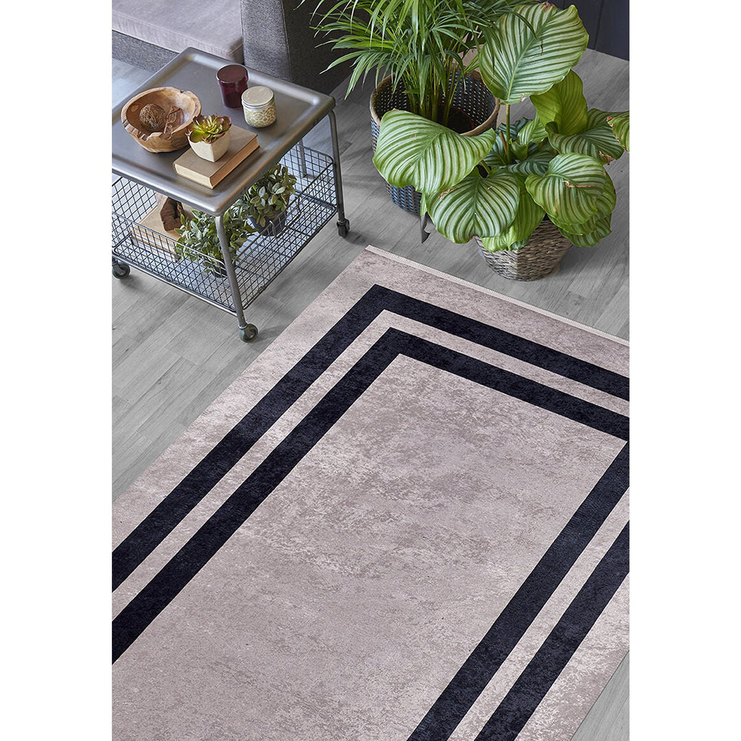 Geometric Rug|Machine-Washable Rug|Black Bordered Copper Color Carpet|Washable Carpet|Decorative Area Rug|Multi-Purpose Anti-Slip Floor Rug