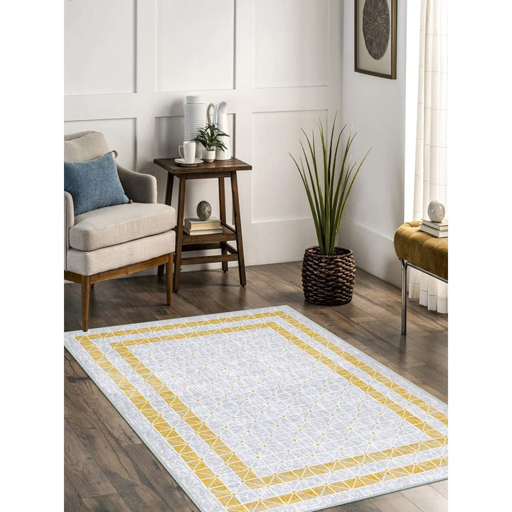 Decorative Geometric Yellow Bordered White Rug