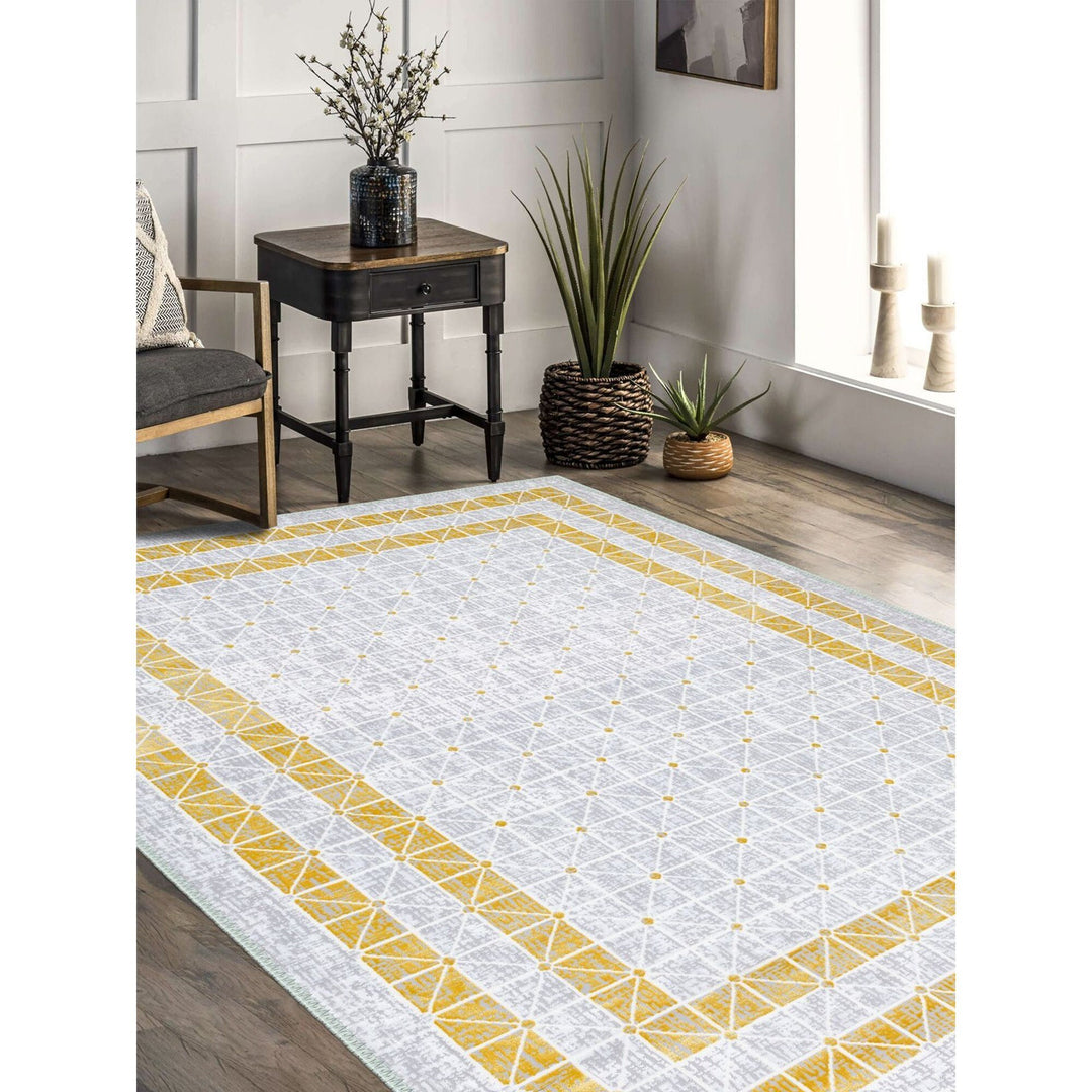 Decorative Geometric Yellow Bordered White Rug