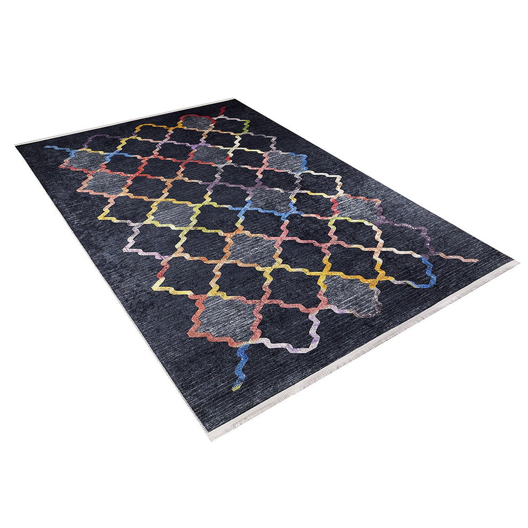 Ogea Pattern Rug|Machine-Washable Rug|Black and Rainbow Carpet|Decorative Washable Carpet|Geometric Area Rug|Multi-Purpose Anti-Slip Rug
