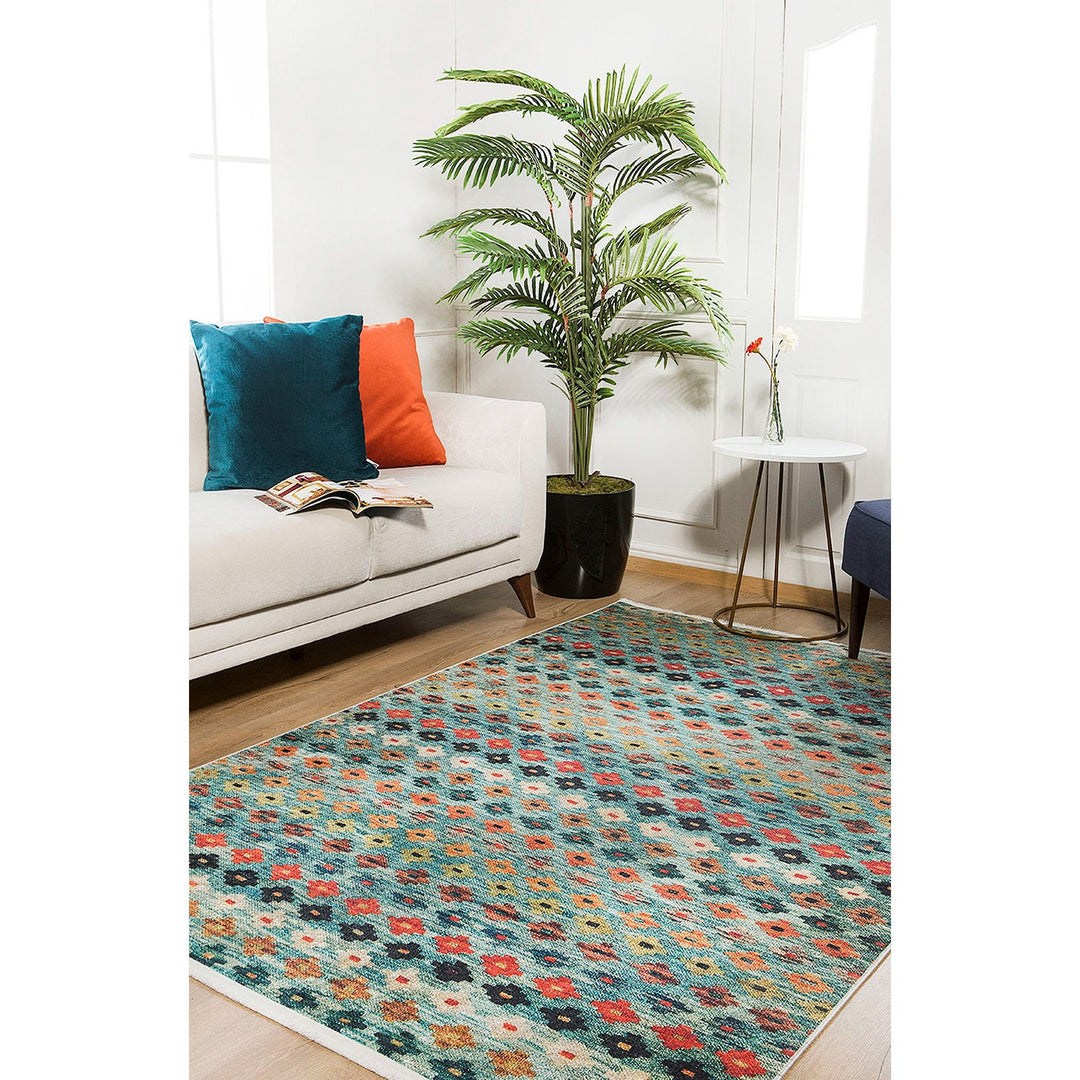 Diamond Pattern Rug|Machine-Washable Rug|Green Blue Non-Slip Carpet|Ethnic Washable Carpet|Geometric Area Rug|Multi-Purpose Anti-Slip Rug