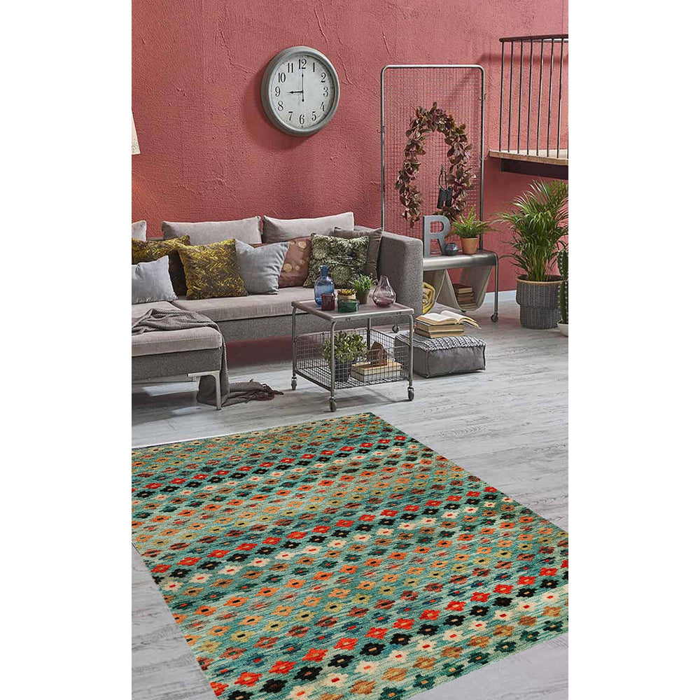 Diamond Pattern Rug|Machine-Washable Rug|Green Blue Non-Slip Carpet|Ethnic Washable Carpet|Geometric Area Rug|Multi-Purpose Anti-Slip Rug