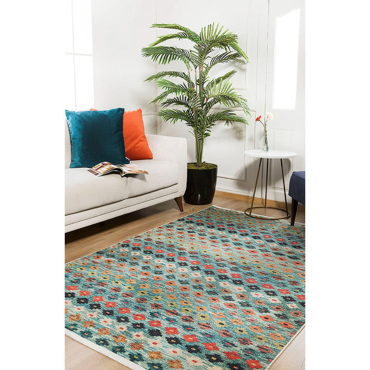 Diamond Pattern Rug|Machine-Washable Rug|Green Blue Non-Slip Carpet|Ethnic Washable Carpet|Geometric Area Rug|Multi-Purpose Anti-Slip Rug