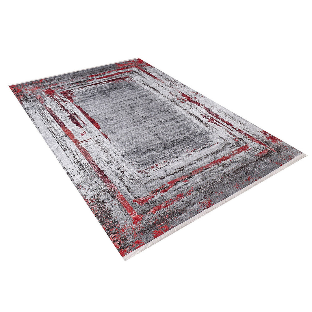 Abstract Design Rug|Machine-Washable Non-Slip Rug|Boho Gray Red Carpet|Housewarming Worn Looking Area Rug|Multi-Purpose Anti-Slip Carpet