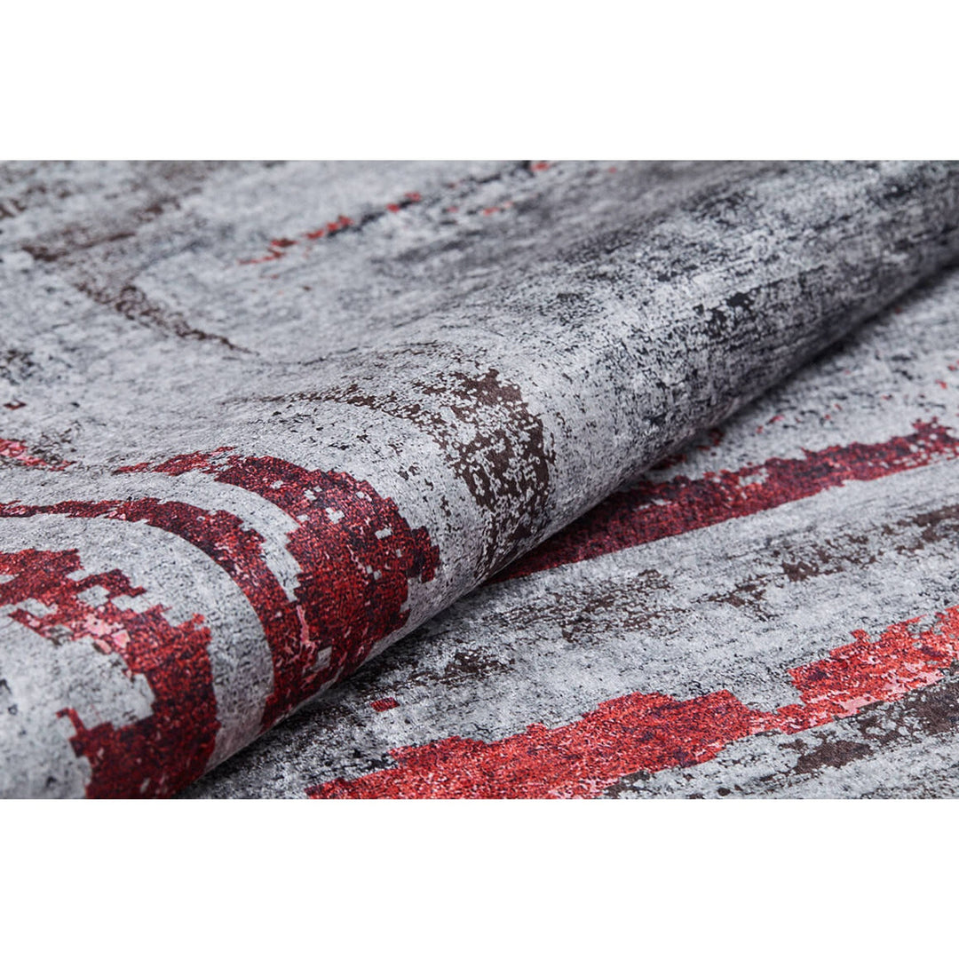 Abstract Design Rug|Machine-Washable Non-Slip Rug|Boho Gray Red Carpet|Housewarming Worn Looking Area Rug|Multi-Purpose Anti-Slip Carpet