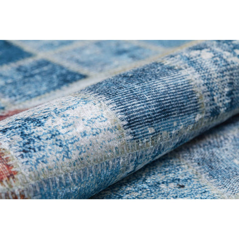 Patchwork Style Rug|Machine-Washable Non-Slip Rug|Blue Plaid Farmhouse Washable Carpet|Decorative Area Rug|Multi-Purpose Anti-Slip Carpet