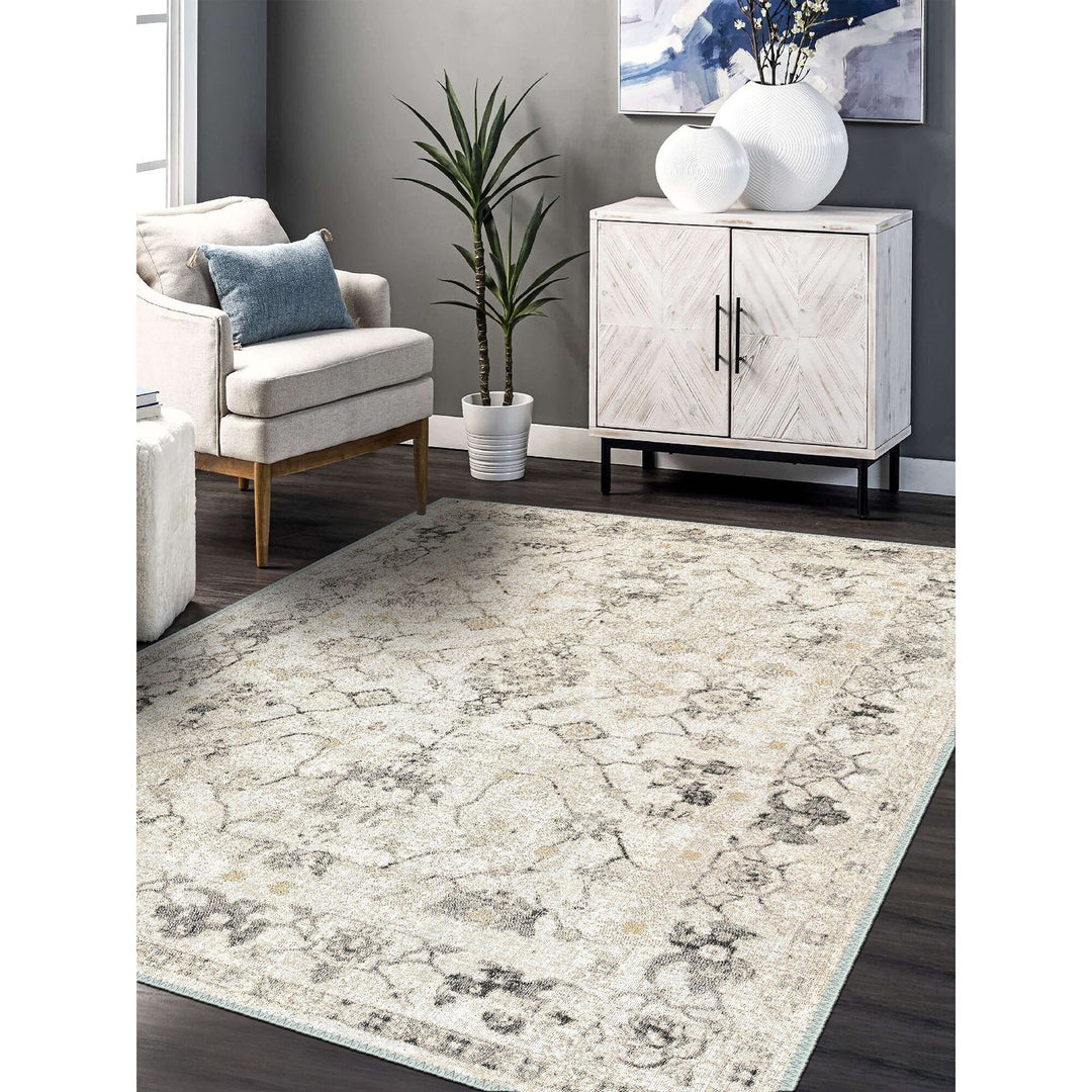 Decorative Area Rug|Machine-Washable Non-Slip Farmhouse Rug|Beige Gray Ethnic Design Rug|Boho Living Room Rug|Multi-Purpose Anti-Slip Carpet