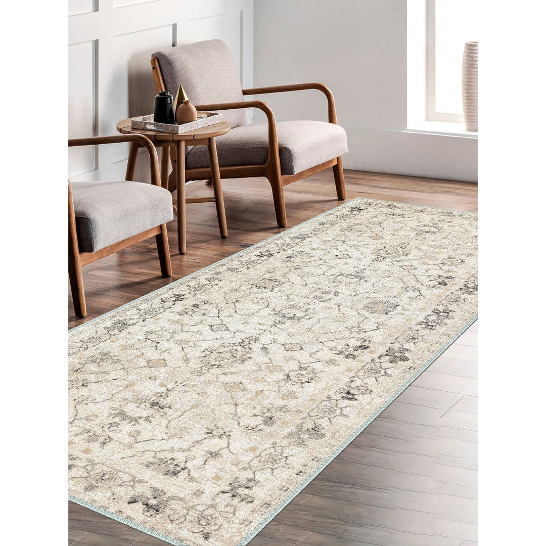 Decorative Area Rug|Machine-Washable Non-Slip Farmhouse Rug|Beige Gray Ethnic Design Rug|Boho Living Room Rug|Multi-Purpose Anti-Slip Carpet